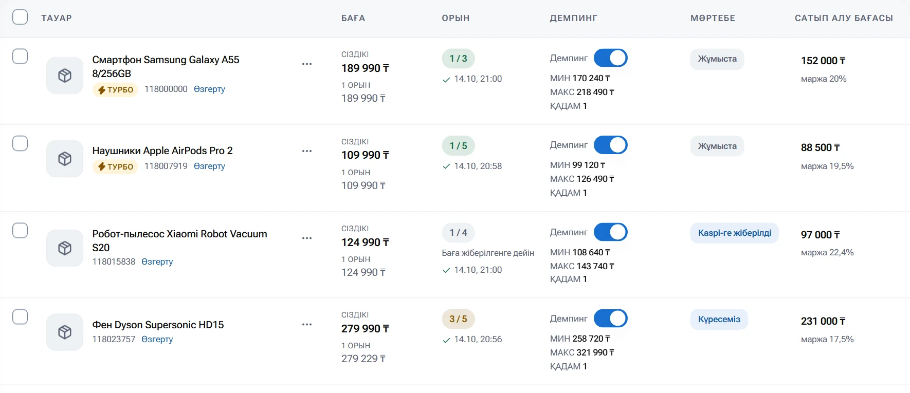 OZYQ тауар тізімі: бағалар, орындар, демпинг шектері және бағаның Kaspi-ге жіберілу күйі